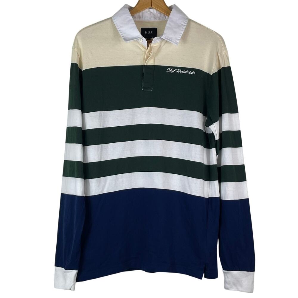 HUF Worldwide Men's Green Blue Stripe Collar Shirt Sz M Preppy Rugby Blokecore